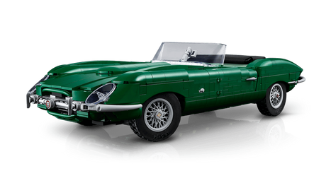 Front three quarter view of the LEGO Icons Jaguar E-Type 11381 with the textile roof folded down