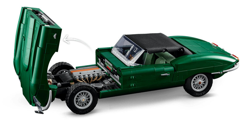 LEGO Icons Jaguar E-Type 11381 with the bonnet open to show the detailed engine