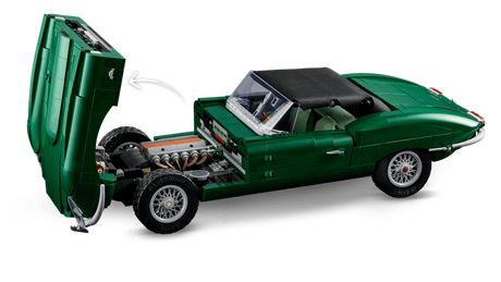 LEGO Icons Jaguar E-Type 11381 with the bonnet open to show the detailed engine