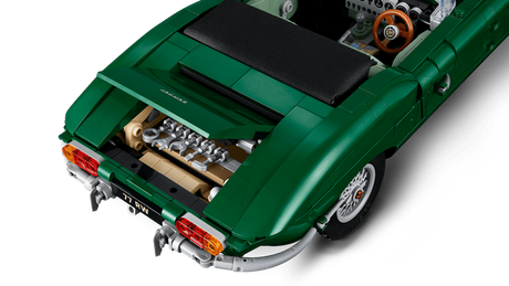 LEGO Icons Jaguar E-Type 11381 with the boot open to show the stored tool kit