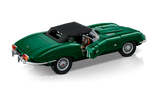 Rear three quarter view of the LEGO Icons Jaguar E-Type 11381 with the black textile roof raised