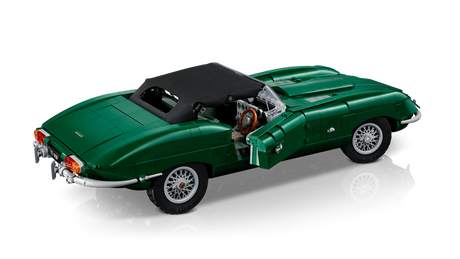 Rear three quarter view of the LEGO Icons Jaguar E-Type 11381 with the black textile roof raised