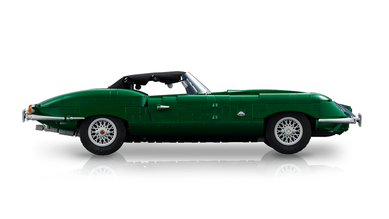 Side profile of the green LEGO Icons Jaguar E-Type 11381 with the roof folded down