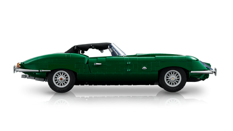 Side profile of the green LEGO Icons Jaguar E-Type 11381 with the roof folded down