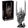 LEGO Icons The Lord of the Rings Sauron’s Helmet 11373 retail box beside built helmet model on black stand with Sauron minifigure and name plaque