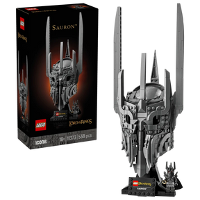 LEGO Icons The Lord of the Rings Sauron’s Helmet 11373 retail box beside built helmet model on black stand with Sauron minifigure and name plaque