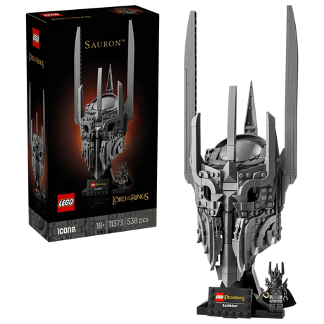 LEGO Icons The Lord of the Rings Sauron’s Helmet 11373 retail box beside built helmet model on black stand with Sauron minifigure and name plaque