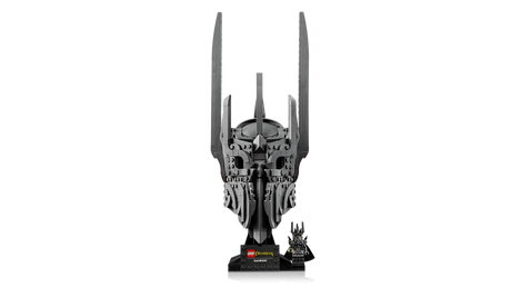 Front view of LEGO Icons Sauron’s Helmet model on black display stand with printed name plaque and Sauron minifigure
