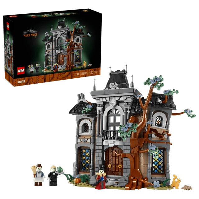 LEGO Icons Mayor Manor 11383 built model beside the product box