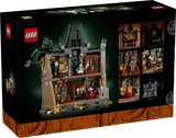 Rear of the LEGO Icons Mayor Manor 11383 box showing the open back interior and feature panels