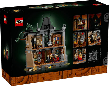 Rear of the LEGO Icons Mayor Manor 11383 box showing the open back interior and feature panels