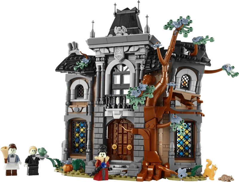 LEGO Icons Mayor Manor 11383 front facade with brown tree, stained glass windows and three minifigures