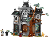 LEGO Icons Mayor Manor 11383 front facade with brown tree, stained glass windows and three minifigures