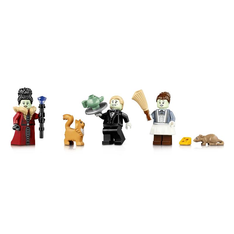 Three LEGO minifigures with a black post, broom, orange cat, yellow cheese piece and brown rat