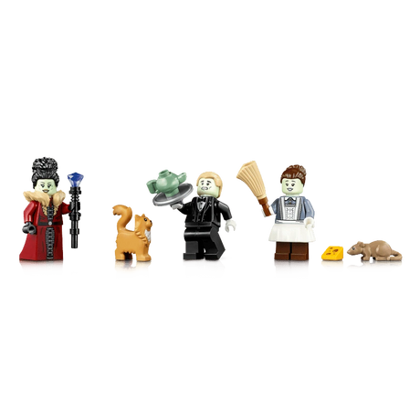 Three LEGO minifigures with a black post, broom, orange cat, yellow cheese piece and brown rat