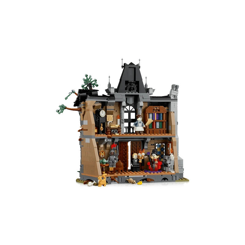 Open back view of LEGO Icons Mayor Manor 11383 showing two furnished floors and three minifigures