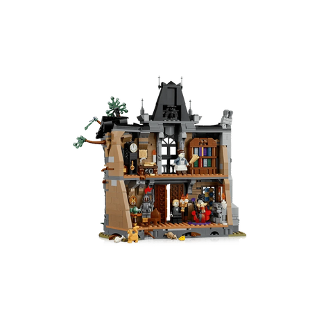 Open back view of LEGO Icons Mayor Manor 11383 showing two furnished floors and three minifigures