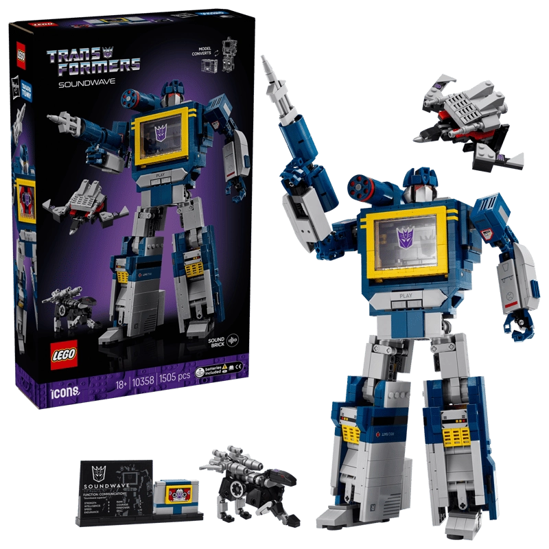 LEGO Icons Transformers Soundwave 10358 box showing robot mode with Ravage, Laserbeak, accessories and display plaque