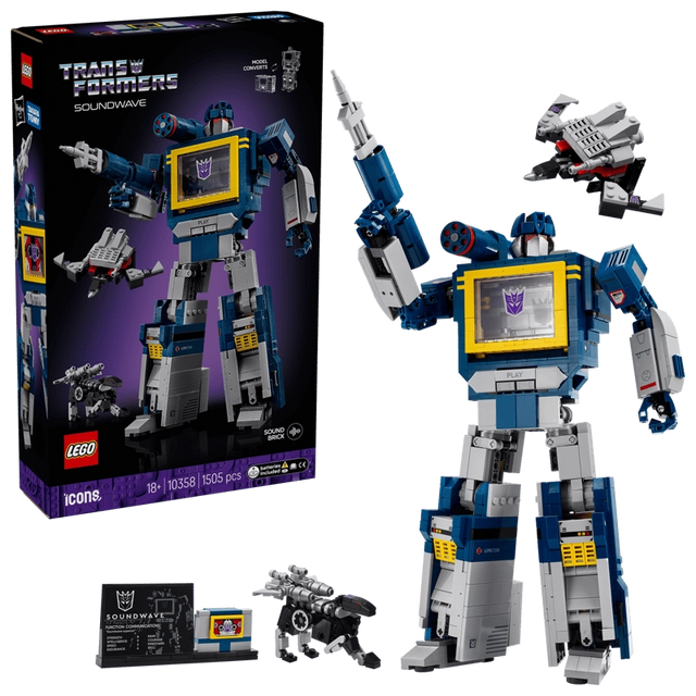 LEGO Icons Transformers Soundwave 10358 box showing robot mode with Ravage, Laserbeak, accessories and display plaque