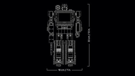 LEGO Icons Transformers Soundwave 10358 technical outline diagram showing 33 cm height and 18 cm width dimensions