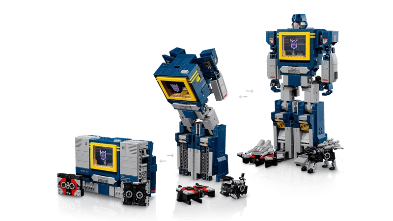 LEGO Icons Transformers Soundwave 10358 converting from robot to cassette player mode with Ravage and Laserbeak figures