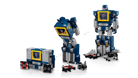 LEGO Icons Transformers Soundwave 10358 converting from robot to cassette player mode with Ravage and Laserbeak figures