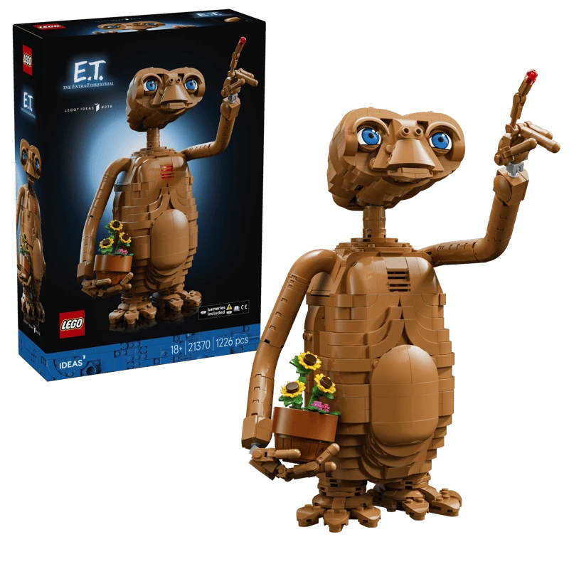 LEGO Ideas E.T. the Extra-Terrestrial 21370 box beside the completed model holding the flower pot