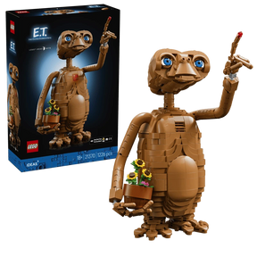 LEGO Ideas E.T. the Extra-Terrestrial 21370 box beside the completed model holding the flower pot