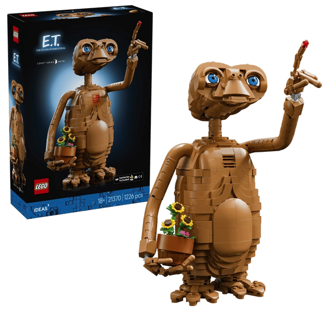 LEGO Ideas E.T. the Extra-Terrestrial 21370 box beside the completed model holding the flower pot