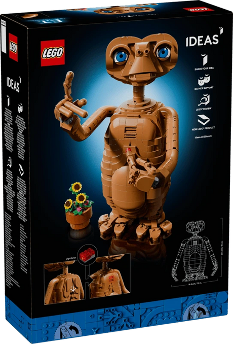 Back of the LEGO Ideas E.T. the Extra-Terrestrial 21370 box showing the completed model, flower pot and movable features