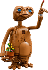 Completed LEGO Ideas E.T. the Extra-Terrestrial 21370 model holding a flower pot with one finger raised