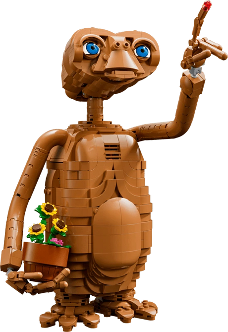 Completed LEGO Ideas E.T. the Extra-Terrestrial 21370 model holding a flower pot with one finger raised