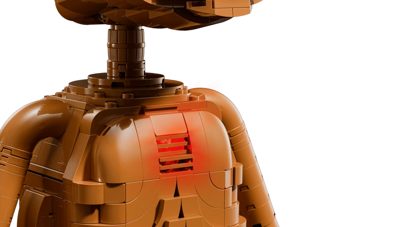 Close-up of the illuminated red front panel on the LEGO Ideas E.T. the Extra-Terrestrial 21370 model showing glowing heart feature.
