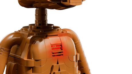 Close-up of the illuminated red front panel on the LEGO Ideas E.T. the Extra-Terrestrial 21370 model showing glowing heart feature.