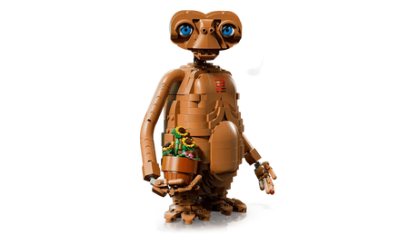 Rear three-quarter view of the LEGO Ideas E.T. the Extra-Terrestrial 21370 model holding the flower pot