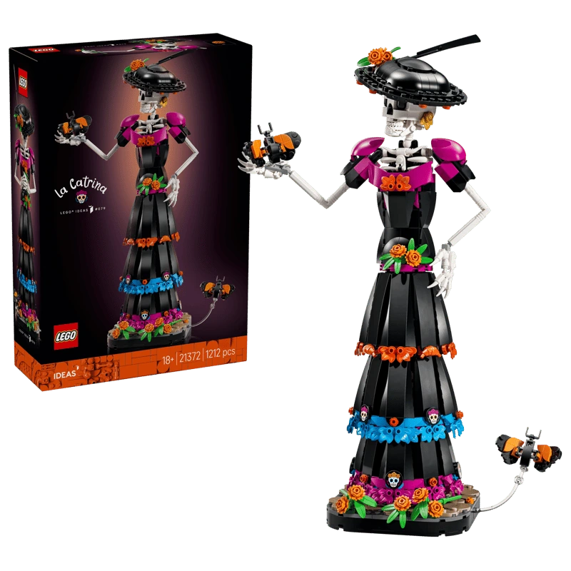 LEGO Ideas La Catrina 21372 box beside the completed figure with butterflies and a decorated floral base