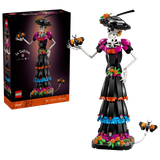 LEGO Ideas La Catrina 21372 box beside the completed figure with butterflies and a decorated floral base