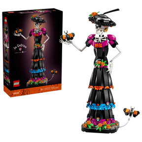 LEGO Ideas La Catrina 21372 box beside the completed figure with butterflies and a decorated floral base