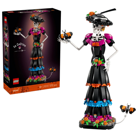 LEGO Ideas La Catrina 21372 box beside the completed figure with butterflies and a decorated floral base