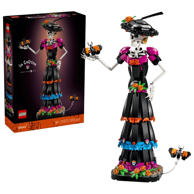 LEGO Ideas La Catrina 21372 box beside the completed figure with butterflies and a decorated floral base