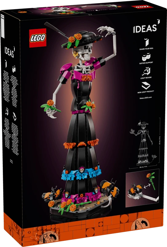 Back of the LEGO Ideas La Catrina 21372 box showing the completed figure, display poses and flower accessory