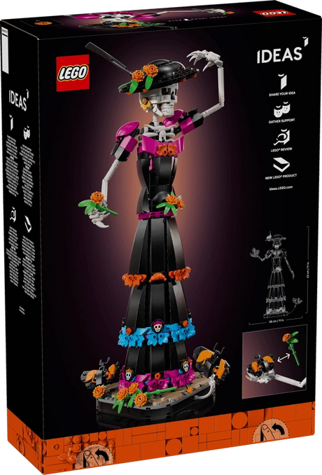 Back of the LEGO Ideas La Catrina 21372 box showing the completed figure, display poses and flower accessory