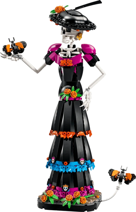 Completed LEGO Ideas La Catrina 21372 display figure with a decorated hat, floral dress and orange butterflies