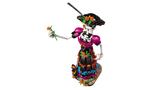 High angle view of the LEGO Ideas La Catrina 21372 figure holding an orange flower