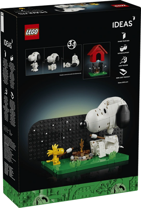 Rear of the LEGO Ideas Peanuts Snoopy's Doghouse box showing a campfire scene with Snoopy and Woodstock, plus diagrams of the figure poses and removable doghouse.
