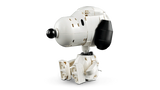 Seated LEGO Snoopy figure shown on its own with a white body, large black ear and nose, and bent legs.