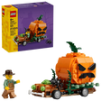 LEGO Jack-O'-Lantern Pickup Truck 40822 box beside the completed vehicle and farmer minifigure 