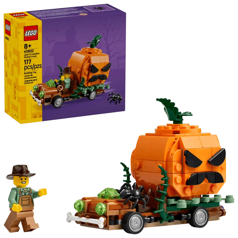 LEGO Jack-O'-Lantern Pickup Truck 40822 box beside the completed vehicle and farmer minifigure 