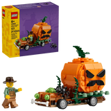 LEGO Jack-O'-Lantern Pickup Truck 40822 box beside the completed vehicle and farmer minifigure 