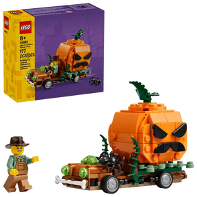 LEGO Jack-O'-Lantern Pickup Truck 40822 box beside the completed vehicle and farmer minifigure 
